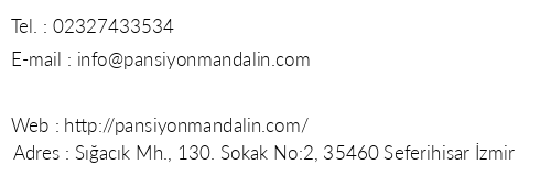 Mandalin Pansiyon & Cafe telefon numaralar, faks, e-mail, posta adresi ve iletiim bilgileri